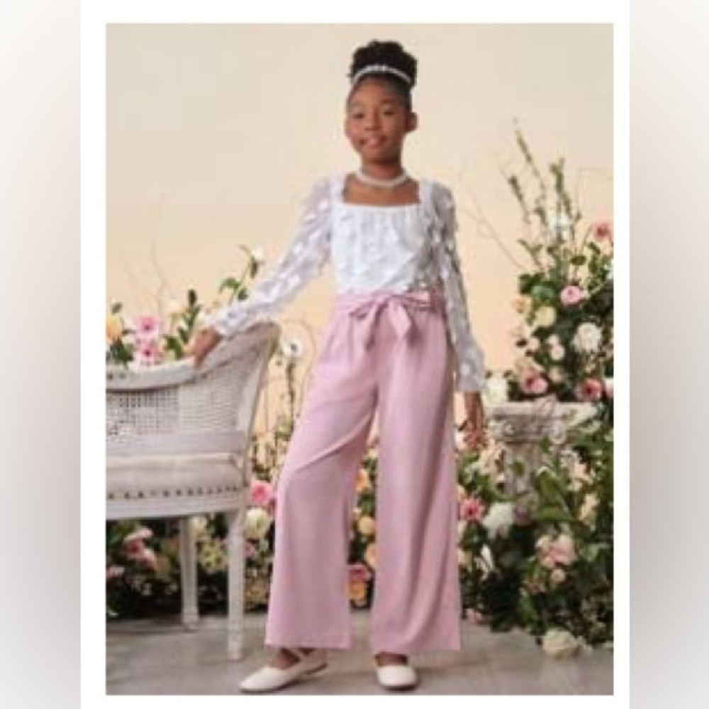 SHEIN girls size 10 years. Wide-Leg Pants with floral sheer top.